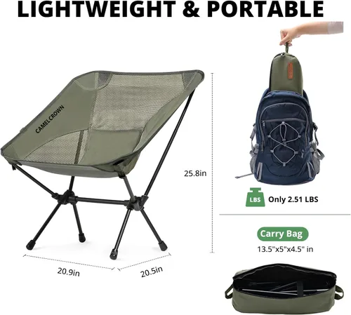 Vista 2 de CAMEL CROWN Silla de camping resistente para mochileros, silla plegable ultraligera con bolsa de transporte, portátil compacta para exteriores
