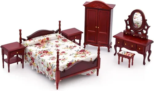 iLAND Muebles de madera para casa de muñecas a escala 1/12, muebles de dormitorio de casa de muñecas en color caoba, incl casa de muñecas, cama y
