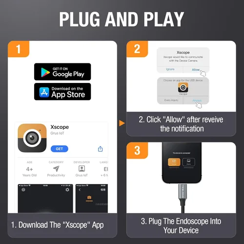 Vista 8 de Teslong - Cámara endoscopio USB C con luz, cámara de boroscopio de serpiente tipo C con 8 luces LED, cámara de inspección flexible impermeable de 10