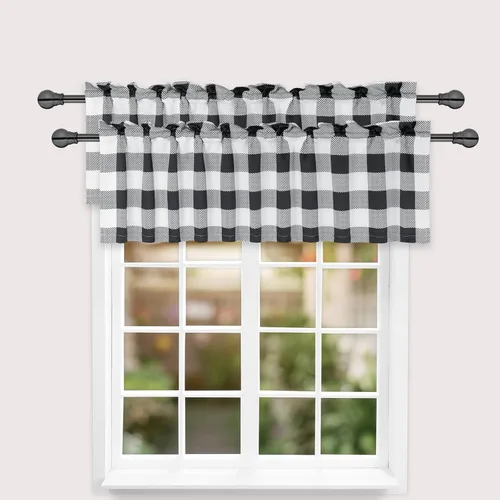 Vista 19 de Simple Deluxe Paquete de 4 cenefas opacas de cuadros búfalo para ventanas de cocina, sala de estar, casa de campo, dormitorio, cenefa de cortina