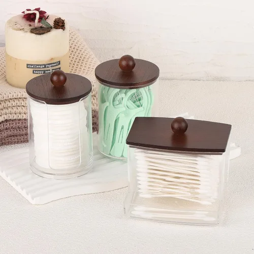 Vista 6 de Tbestmax Juego de Accesorios Organizadores para Baño - 10 oz, 7 oz Soporte de Almacenamiento para Hisopos con Tapas de Bambú, Dispensador de Bolas