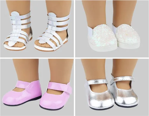 Vista 4 de Ecore Fun Los accesorios para muñecas de 18 pulgadas incluyen 9 pares de zapatos de estilo aleatorio para muñecas de 18 pulgadas, incluyendo botas
