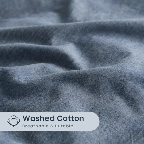 Vista 6 de Wake In Cloud – Juego de funda de edredón de algodón, tamaño individual, azul denim cambray, 100% algodón lavado, con textura parecida al lino