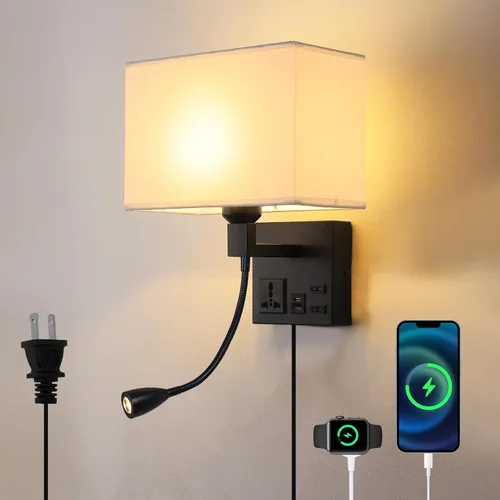 Vista 9 de Apliques de pared con cableado moderno para dormitorio con puerto USB y lámpara de lectura, lámparas de pared de noche para hotel, sala de estar