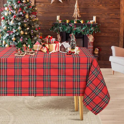 Vista 15 de Camino de mesa a cuadros de Navidad de búfalo, camino de mesa rectangular de cuadros de Navidad para decoración de mesa de cena de fiesta de Navidad