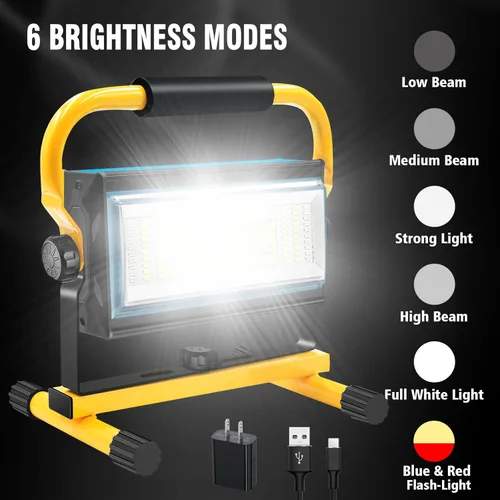 Vista 2 de 100W COB Rechargeable Work Light, 7000LM Cordless LED Work Lights, Waterproof Portable Flood Light with Stand for Outdoor Camping, Hiking, Garage
