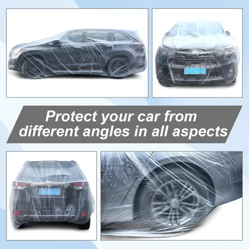 Vista 4 de BBTO 1 Juego Cubierta de Plástico para Automóvil 15.7 x 24.6 pies Cubierta Universal Desechable Transparente para Automóvil con Banda Elástica
