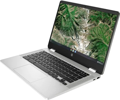 Vista 5 de Laptop HP X360 14a Chromebook de 14 pulgadas, pantalla táctil HD Intel Celeron 4GB DDR4 64GB eMMC WiFi Webcam Altavoces estéreo Bluetooth 5 Chrome