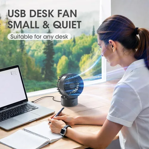 Vista 2 de Ventilador de escritorio USB pequeño, silencioso, velocidad continua, ajuste flexible, mini ventiladores para el hogar, oficina, dormitorio