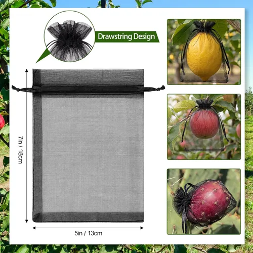 Vista 2 de Sabary 100 bolsas de protección de frutas, bolsas de red de frutas, cubierta de jardín, bolsa de malla con cordón para proteger verduras, tomate