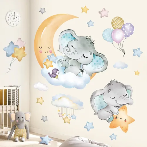 Vista 3 de Calcomanías de pared de dibujos animados, lunas, estrellas, nubes, elefantes, globos, animales, vinilo extraíble para decoración del hogar