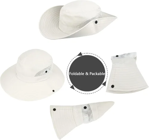 Vista 5 de Sombrero de sol para mujer con protección UV, malla plegable de ala ancha para exteriores, verano, playa, pesca, con agujero para cola de caballo