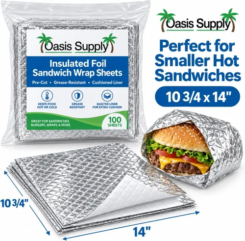 Vista 6 de Oasis Supply, Hojas aisladas precortadas para sándwich - Resistente a la grasa, para alimentos calientes, 100 unidades, 10 3/4 x 14 pulgadas