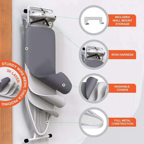 Vista 5 de Xabitat Tabla de planchar de tamaño completo de 57 x 18 pulgadas con colgador de pared, tabla de planchar de construcción de metal completo, soporte
