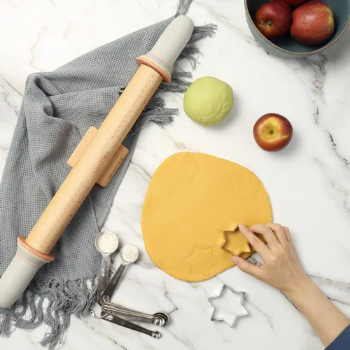 Vista 2 de Geesta - Rodillo de madera ajustable con 5 anillos de grosor, diseño de mango de prensa de rodillo de masa preciso con guía de medición