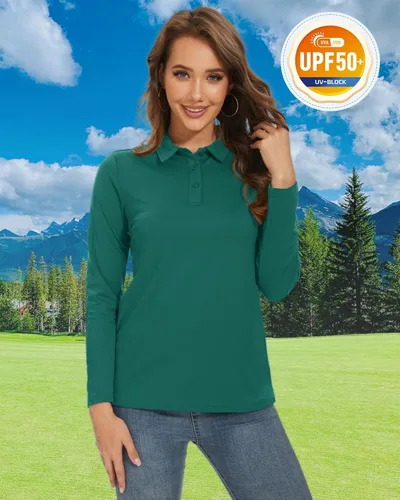 Vista 3 de TACVASEN Polo de golf para mujer, manga larga, protección solar UPF 50+, cuello de 3 botones, camiseta de secado rápido