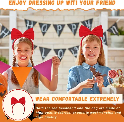 Vista 4 de Hotop 2 piezas de disfraz de bruja de Halloween para mujer, incluye diadema de lazo rojo, accesorios para el cabello, diadema roja, bolsa cruzada