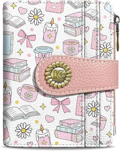 Vista 23 de Kelvoris Cartera pequeña Rfid para mujer, plegable, con cremallera, bolsillo para monedas, piel sintética, compacto, para tarjetas de crédito