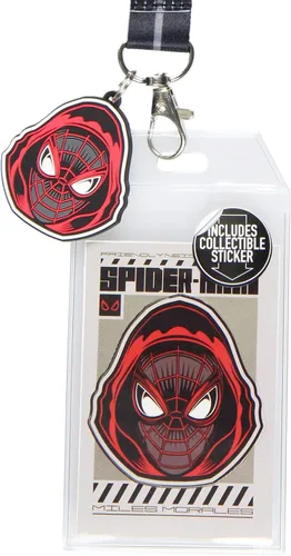 Vista 2 de Bioworld Marvel Spider-Man Miles Morales - Soporte para credencial de identificación con colgante de goma y calcomanía coleccionable