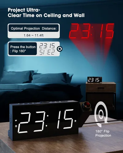 Vista 3 de OnLyee Reloj despertador de proyección para dormitorio, LED digital en techo y pared con carga USB para teléfono, respaldo de batería, proyector