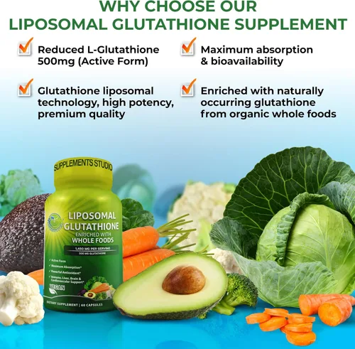 Vista 2 de Glutatión liposomal 500 mg - Suplemento de glutatión con alimentos integrales orgánicos para una mayor absorción, antioxidante y desintoxicante