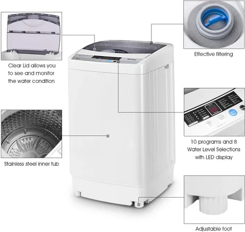 Vista 4 de Giantex Lavadora completamente automática, portátil, compacta, de 1.34 pies cúbicos, lavadora giratoria con bomba de drenaje, 10 programas, 8