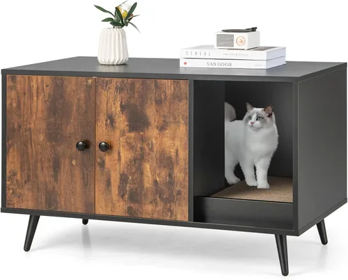 Tangkula Caja de arena para gatos, baño para gatos con división, almohadilla para rascar, pata de metal, gabinete cerrado para mascotas con puertas