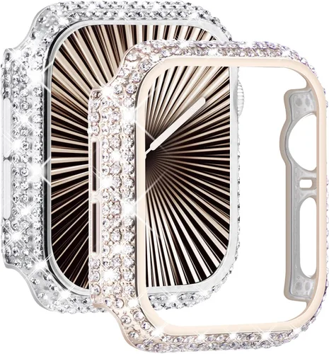 Vista 10 de NewWays Paquete de 2 carcasas con diamantes brillantes para Apple Watch de 1.772 pulgadas para mujer, parachoques protector con diamantes totalmente