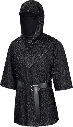 Vista 2 de Renaissance Faux Chain Mail Armor Tunic Shirt Coif Medieval Knight Cowl Crusader Costume outfit Bracers Waist Belt Set