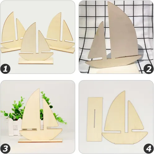 Vista 2 de Juguetes de playa para niños, 10 piezas de madera sin terminar, decoración de barco de madera para pintar para artes, manualidades, proyectos