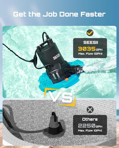 Vista 3 de SEESII Bomba de cubierta de piscina de 1/3 HP, encendido/apagado automático, bomba de agua sumergible de 3035 GPH con red de filtro, cable