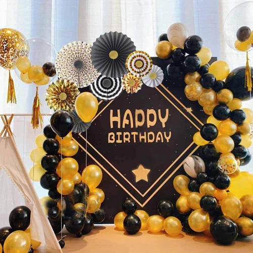 Vista 6 de Abanicos de papel negro dorado para decoraciones de fiesta de Halloween, negro 2, juego de 8