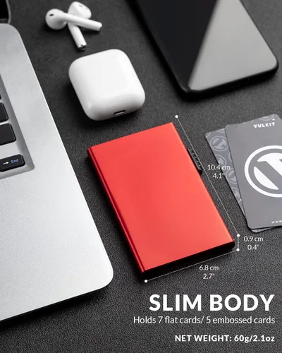 Vista 3 de VULKIT Tarjetero minimalista para tarjetas de crédito tarjetas emergentes protección RFID cartera de metal delgada Rojo - Minimalista