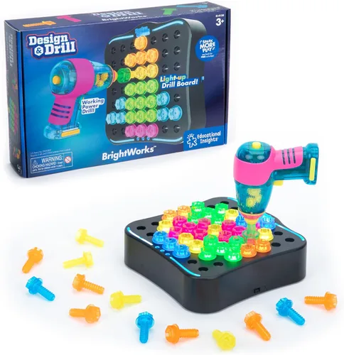 Educational Insights Design & Drill Brightworks - Juego de herramientas iluminadas para niños pequeños con taladro de juguete eléctrico de trabajo
