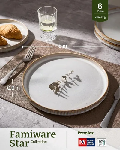 Vista 3 de famiware Star Platos de Ensalada para 6, Juego de Platos de 8 Pulgadas, Vajilla de Gres, Platos Pequeños para Postre, Ensalada, Aperitivo, Blanco