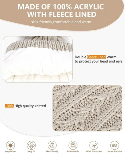 Vista 5 de Womens Beanie Hat Scarf Gloves Set, Fleece Lined Winter Hat with Pom Pom, Long Knit Scarf Touchscreen Gloves for Cold Weather