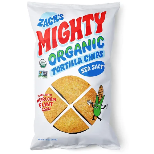 Vista 6 de Zack's Mighty Chips de tortilla orgánica, sin OMG, sin gluten, resistentes para sumergir, bolsa de 9 onzas