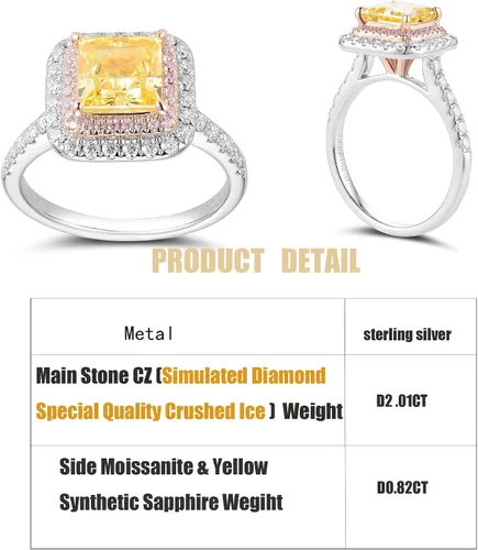 Vista 2 de DovEggs Anillo de compromiso de plata de ley PT950 con estampado de diamantes de imitación para mujer, 2 quilates, 0.276 x 0.276 in, amarillo