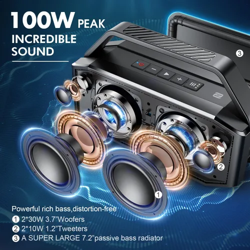 Vista 2 de W-KING Altavoz Bluetooth - 100 W pico 60 W RMS graves profundos, IPX6 portátil impermeable altavoces Bluetooth inalámbricos con subwoofer, 40