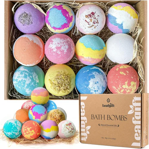 Set de regalo de bombas de baño Leafgift, 12 piezas hechas a mano con sal marina natural, cacao y manteca de karité, perfectas para baño de burbujas