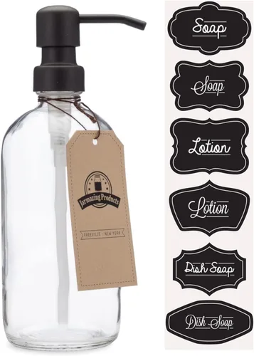 Despachador de jabón y loción, jarra de vidrio transparente, pinta, con bomba de metal (color negro, bronce oscuro).