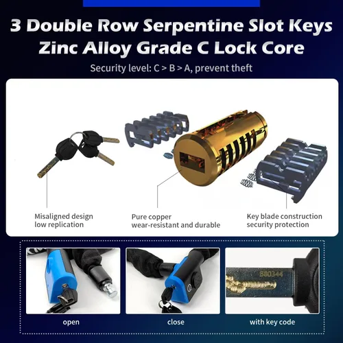 Vista 4 de AKM Alarma segura de 80 db de largo 4 pies/47.2 in de largo, antirrobo, resistente, cadena de motocicleta de 3/8 pulgadas de grosor, a prueba