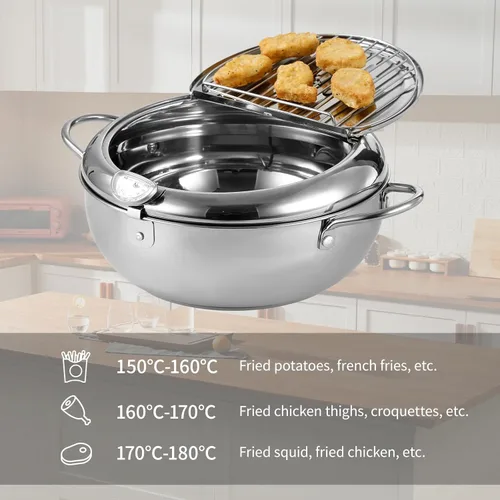 Vista 4 de Olla para freidora, 9.4 pulgadas/3.4 L de tempura Janpanese con tapa, termómetro de acero inoxidable con control de temperatura y escurridor