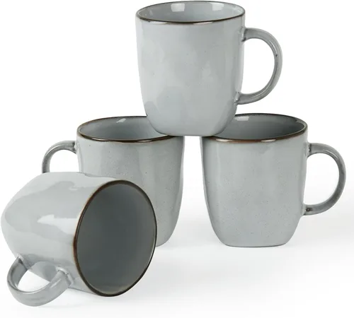 Juego de 4 tazas de café Famiware, Ocean Square de 13 oz con asa para cacao, leche, chocolate caliente, té, agua, tazas de gres para la cocina,