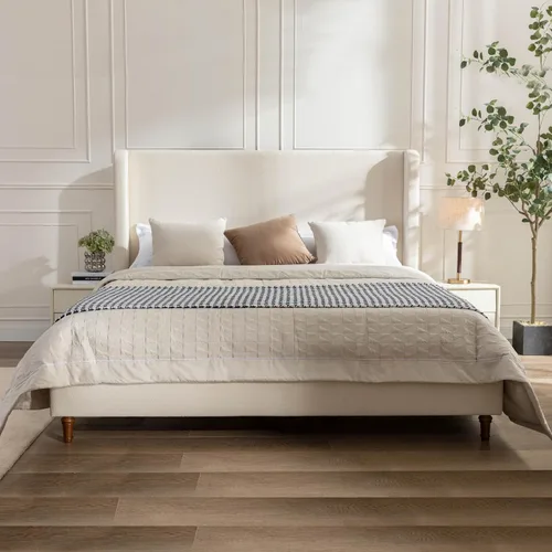 Vista 12 de Boucle - Cama de cabecera alta tamaño Queen, base de cama tapizada con cabecera de 54 pulgadas de alto, listones de madera resistentes y marco