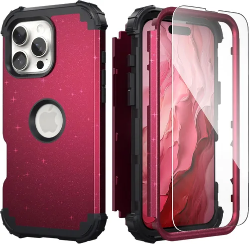 Vista 27 de IDweel - Funda para iPhone 15 Pro Max con protector de pantalla de vidrio templado, 3 en 1, a prueba de golpes, delgada, híbrida, resistente