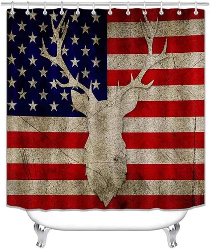 Vista 179 de Camille&Andrew - Juego de 4 cortinas de ducha de tela de ciervo rústico negro, alce, alce, pino, luna, casa de campo, panel rústico, tablero