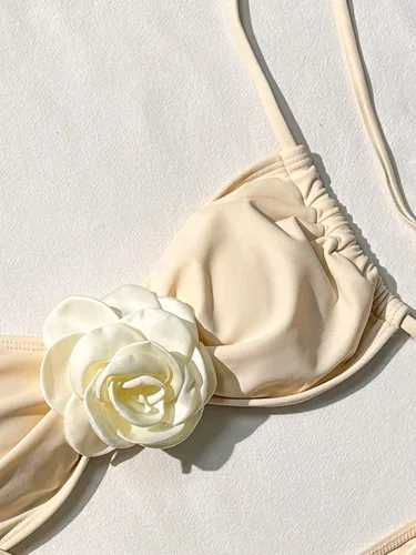 Vista 4 de OYOANGLE Traje de baño de 2 piezas para mujer, bikini rosa 3D, tirantes delgados, cintura alta, ropa de playa
