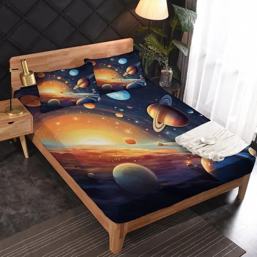 Vista 2 de Solar System Sheets - Juego de sábanas de tamaño California King, sábanas de cama del espacio exterior, microfibra suave y bolsillo profundo