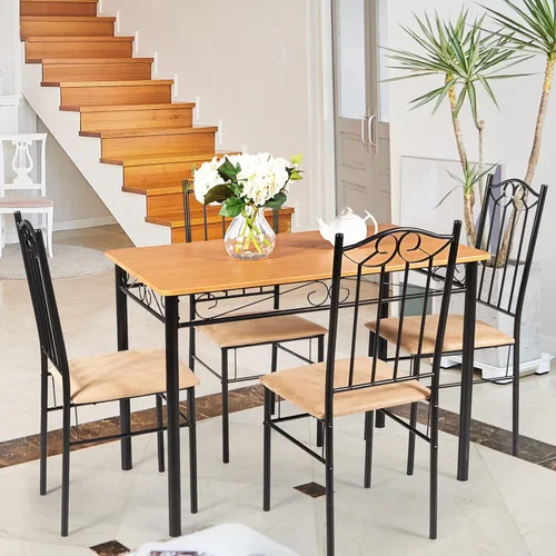 Vista 7 de COSTWAY Juego de mesa de comedor de 5 piezas, con marco de metal, juego de mesa de comedor moderno, juego de 5 piezas, mesa de cocina con 4 sillas